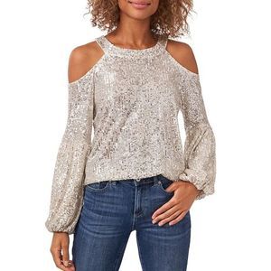NWT CeCe Cold Shoulder Sequin Blouse